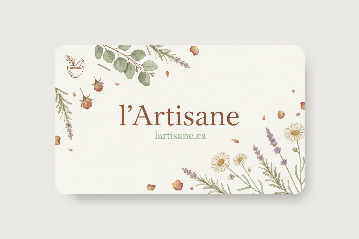 Create an elegant gift card design for the artisanal herbal shop 'l’Artisane'. Include natural botanical elements like leaves, dried flowers, and herbs. Use soft, earthy colors such as light green, beige, cream, and brown accents. Modern and clean layout, featuring only the shop name 'l’Artisane' and the website URL 'lartisane.ca'. Include a small herbalist logo or symbol (e.g., mortar and pestle). High-resolution, sharp, and clear image suitable for digital and print use. No other text.
